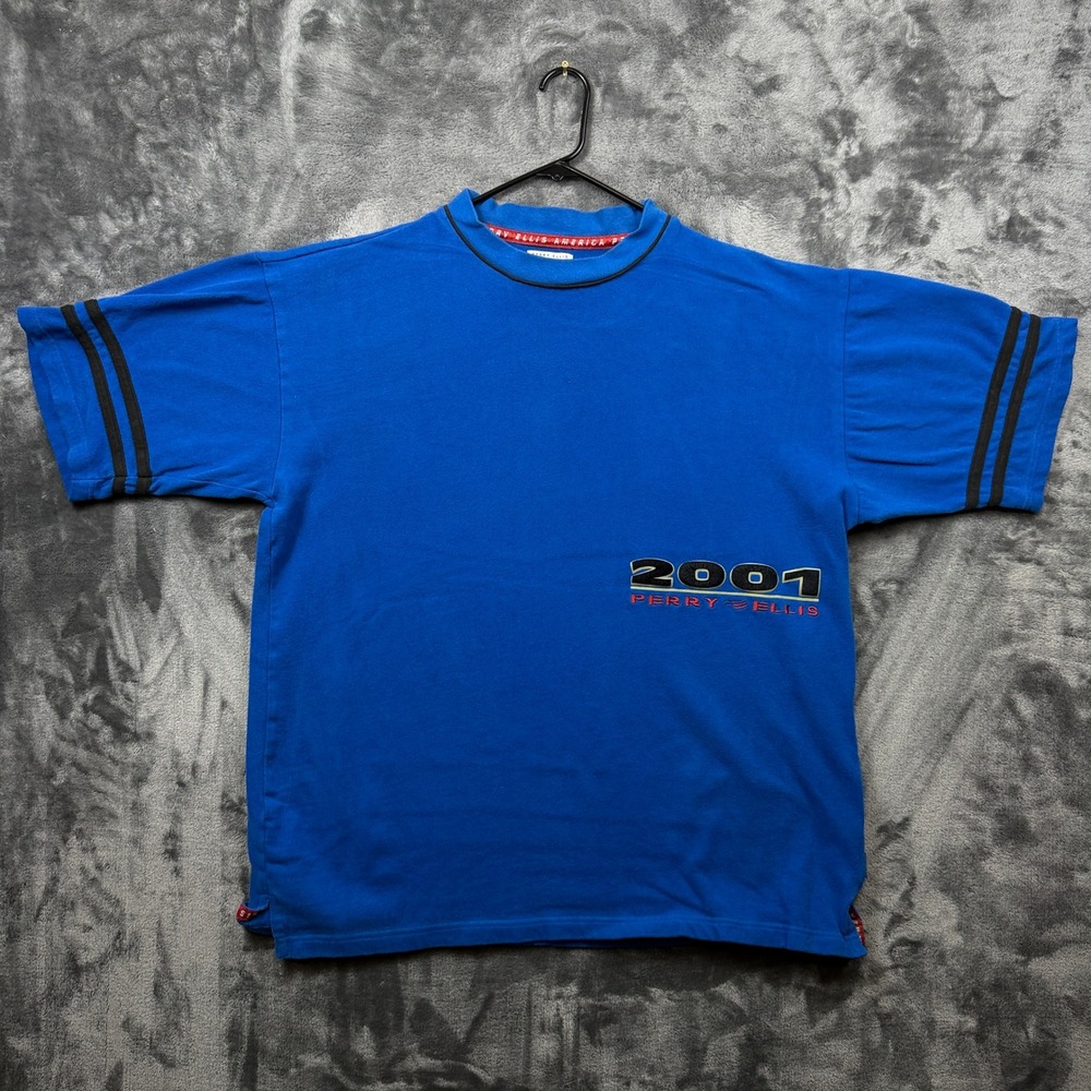 Perry Ellis America T-Shirt Mens XXL Blue Good 2001 Graphic Short Sleeve Cotton